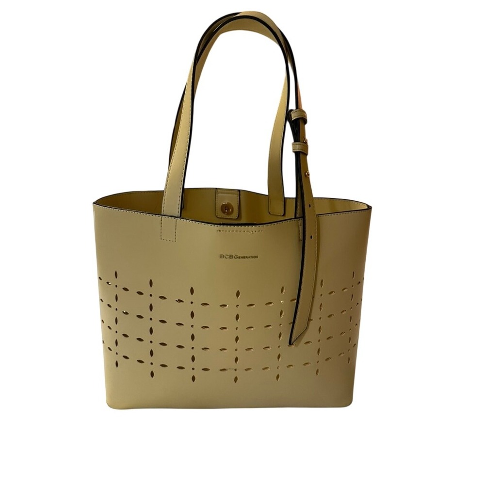 BCBGeneration Yellow Laser Cut Faux Leather Tote Bag Shoulder Purse Buttercream